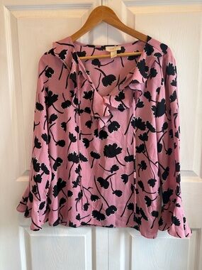 LOFT Pink Blouse with Black Floral Print and Ruffle V-Neck